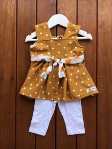 mustard and white polka dot top and pant set